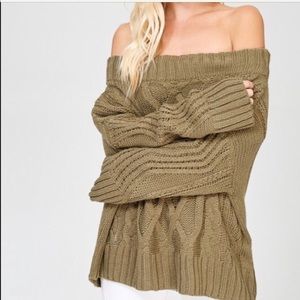 Khaki green cable off shoulder sweater size M